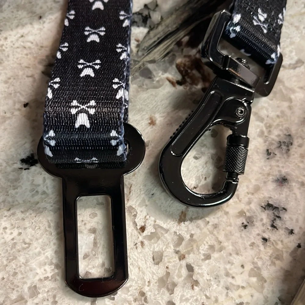 Frenchie Dog seat belt Car Leash Collar Bad to the Bone Print Black White strap